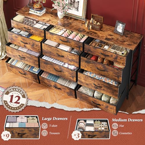 Romorgniz 55" Dresser for Bedroom with 12 Fabric Drawers, Entertainment Center for 60 inch TV Dressers & Chests of Drawers Large Organizer, Living Room, Metal Frame, Wood Top, Rustic Brown - color: Rustic Brown