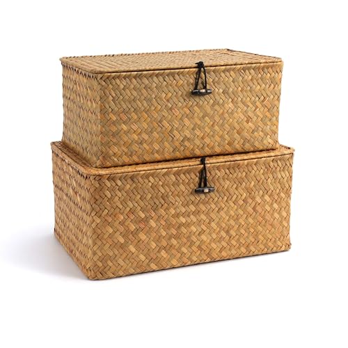 Nonam Storage Basket with Lid, Natural Seagrass Bin with Lid Set of 2, Shelf Baskets Multipurpose Container for Boho Decoration, Rectangular Household Storage Boxes for Home Organization-Natural - color: Natural-S+M