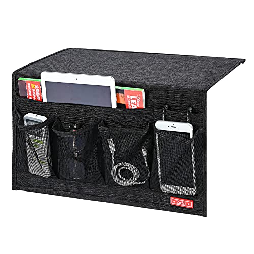 Zafit Linen 6 Pockets Bedside Caddy, Bedside Storage Organizer for Magazine, Remotes, Phone (Black) - color: Black, size: 6 Pockets