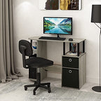 Furinno JAYA Desk, 38.4" Wide Gaming Desk with Bin Drawers, Computer Desk with Side Shelf, Office Desk for Study, Home Office, Bedroom, Dorm, Study Room, French Oak - color: French Oak/Black