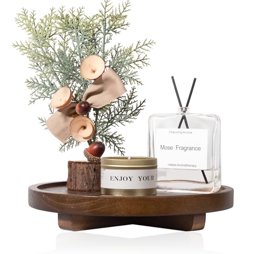 Round Decorative Tray Wood Bathroom Counter Organizer Farmhouse Kitchen Decor Wooden Riser for Soap Dish, Perfume, Candle, Sponge, 9" - Walnut - color: Walnut, size: 9"