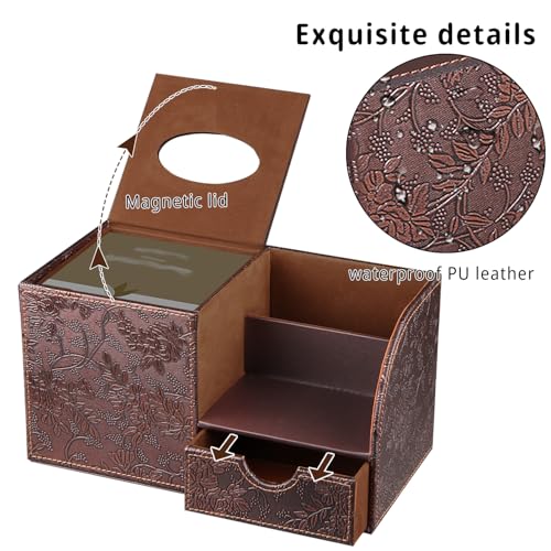 YAPISHI Square Tissue Box Cover with Storage Drawer, PU Leather Facial Tissues Cube Boxes Holder Modern Makeup Remote Control Holder, Nightstand Organizer Caddy for Bathroom Vanity, Office, Home Decor - color: Archaize