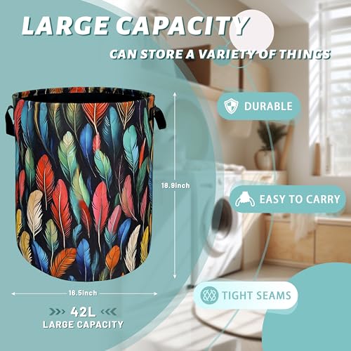 Feathers Laundry Basket Foldable With Handles Funny Tote Bag Oxford Cloth Colorful Feather Laundry Hamper Clothes Storage Bucket Toy Organizer For Bathroom/Laundry/Bedroom 18.9" x 16.5 " - color: Colorful Feathers