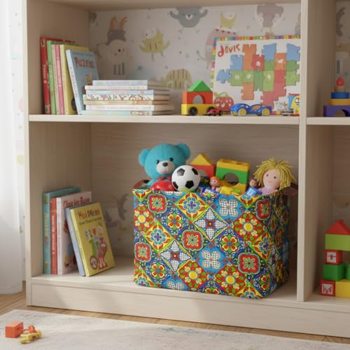 Mexican Talavera Decor Storage Basket Waterproof Canvas Toy Storage Bin Mexican Decor For Home Collapsible Outdoor Basket with Leather Handles Mexican Gifts Blanket Baskets For Closets,Bedrooms - color: Mexican Talavera Decor