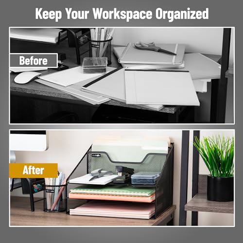 Mind Reader Metal Mesh Desktop File Organizer, 3-Tier Paper Tray with 5 Compartments, Office Mail Sorter, Black - color: Black