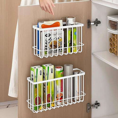 2 Pack Cabinet Organizer Storage, Over Cabinet Door Organizer with 2 Adhesive, 2 Sponges, 4 Hooks, No Drilling Space Saver Lid Organizers Inside Cabinet for Kitchen Office Bedroom (Small, Medium) - color: White,(Small+Medium)