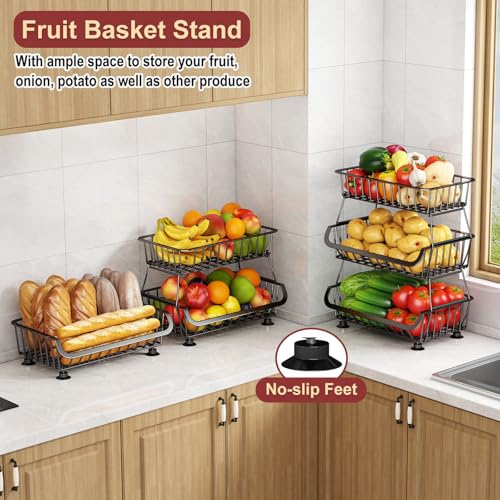 3-Tier Rolling Pantry Cart with Wheels, Stackable Wire Storage Floor Organizer for Kitchen Pantry Snack Shelves, Fruit Basket Stand, Vegetable Storage Rack for Food Snacks Onion Potato, Black, 2 Pack - color: 3 Tier-black (2 Pack)