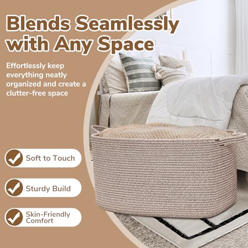 Goodpick Large Woven Storage Basket, 21.6" x 14.9" x 11.8" Blanket Basket for Living Room, Bedroom, Rectangle Rope Storage Organizer for Clothes, Toys, Brown - color: Brown, size: Large(21.6"L x 14.9"W x 11.8"H)