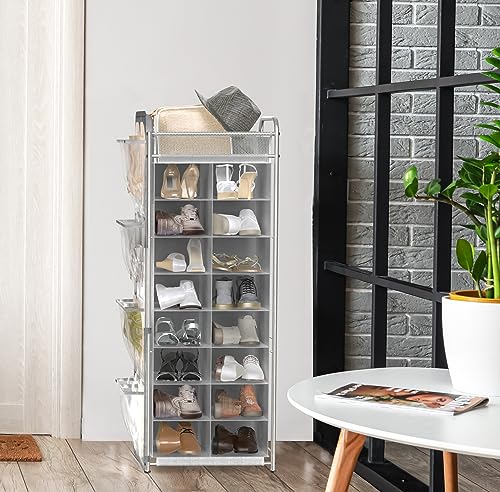 Simple Houseware 16 Cube Shoe Stand Tower Rack 8 Tier with Top Shelf and Side Hanging Pockets, Gray - color: Gray