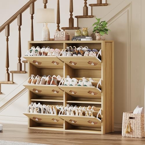 GarveeHome Shoe Storage Cabinet with 6 Flip Drawers, Narrow Wood Shoe Organizer Cabinet with Floral Pattern, Freestanding Slim Shoe Rack Cabinet with Adjustable Shelves, for Entryway, Hallway, Natural - color: Natural Wood Color, size: 6-Drawers