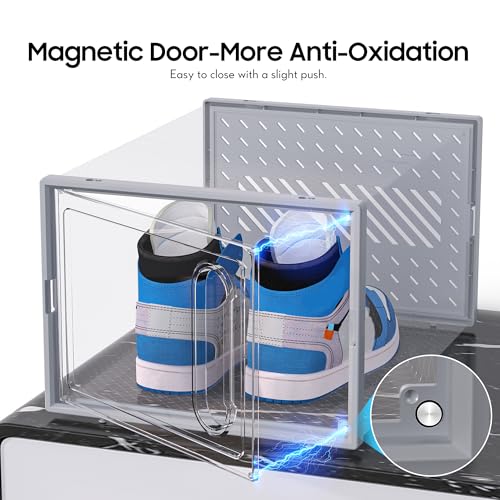 eWonLife Large Shoe Organizer Storage Box with Magnetic Door,12 Pack Clear Plastic Stackable Sneaker Containers for Closet, Connect Left and Right Shoe Box for Entryway, Drop Front, Under Bed (Grey) - color: Grey