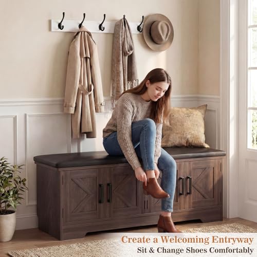 Farmhouse Shoe Storage Bench with Cushion - 43.3" Entryway Bench with Storage & 4 Barn Doors, 2-Tier Wooden Shoe Rack Bench, Shoe Cabinet & Mudroom Bench for Bedroom Hallway Living Room, Black Walnut - color: Black Walnut