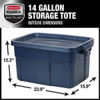 Rubbermaid Roughneck Tote 14 Gal, 6 Pack, Made in USA, Dark Indigo Metallic, Rugged Plastic Stackable Storage Bins with Lids and Handles - size: 14 Gal - 6 Pack