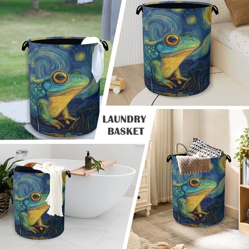 Frog Laundry Basket,Starry Night Moon Foldable Oxford Cloth Tote Bag Laundry Hamper Clothes Storage Bucket Organizer for Bedroom Laundry Storage Dormitories 16" x 20.8" - color: Frog Starry Night Moon