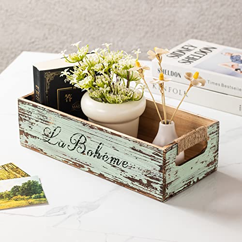 TIMRIS Farmhouse Distressed Wooden Storage Box, Rustic Bathroom Decor Box, Decorative Toilet Tank Basket, Vintage Countertop Organizer Box with Handles (Distressed Green) - color: Distressed Green
