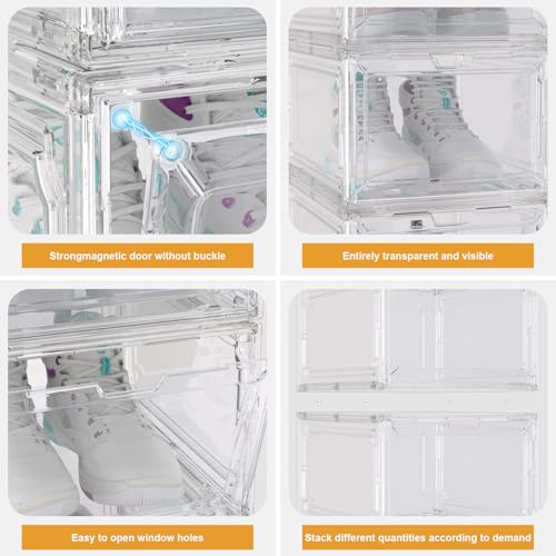 Shoe Box,Set of 6,Stackable Plastic Clear Shoe Box Organizer with Magnetic Door,Shoe Storage Box Thicken Sturdy,Easy Assembly,Fit up to US Size(Front opening door, Clear) - color: White, size: Front