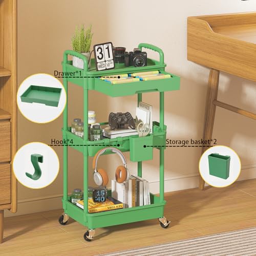 3 Tier Rolling Utility Cart with Drawer, Plastic Storage Organizer Rolling Carts with Wheels Handles Hanging Cups Hooks for Office, Bathroom, Kitchen,Craft Art Room (Green) - color: Green, size: 3-Tier