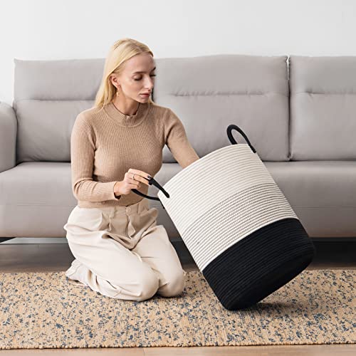 Woven Rope Laundry Hamper Basket by YOUDENOVA, Tall Luandry Basket, Baby Nursery Hamper for Blanket Storage, Clothes Hamper for Laundry in Bedroom-Large-(Dark White, 58L) - color: White&Black, size: Tall (58L )