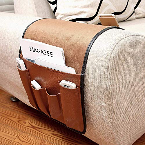 IPENNY No-slip Leather Sofa Couch Remote Control Holder Chair Armrest Caddy Pocket Organizer Storage Bag for Cellphone Tablet Notepad Book Magazines DVD Eyewears Drinker Snacks Holder Pouch - color: Coffee (Leather + Suede fabric)