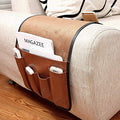 IPENNY No-slip Leather Sofa Couch Remote Control Holder Chair Armrest Caddy Pocket Organizer Storage Bag for Cellphone Tablet Notepad Book Magazines DVD Eyewears Drinker Snacks Holder Pouch - color: Coffee (Leather + Suede fabric)