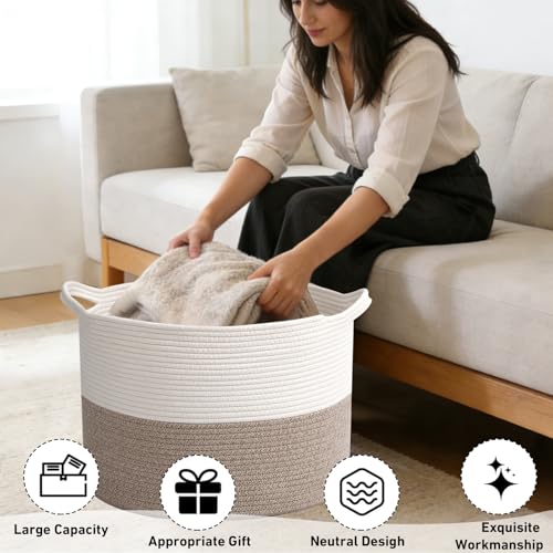 90L Extra Large Blanket Basket,Woven Rope Laundry Basket Hamper with Handles, Decorative Nursery Basket Storage Bin for Toys, Clothes Organizer, Living Room, Bedroom, Bathroom, White & Brown - color: White&Brown, size: 21.7"L x 21.7"W x 13.8"H（90L)