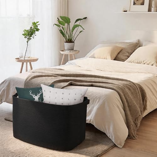 MEGASKET Extra Large Basket for Blankets, 23.6" x 17" x 12" Black Blanket Storage for Living Room, Big Cotton Rope Pillow Holder, Rectangle Kid Dog Toy Bin Box, Woven Laundry Basket, Shoe Bin Entryway - color: Black, size: 23.6"x17"x12