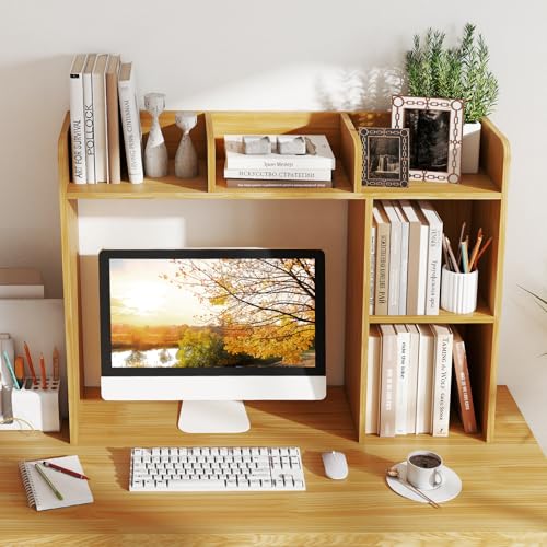 Tangkula Desktop Bookshelf, Countertop Storage Hutch with Shelves for Computer Desk, Desk 3-Tier Display Rack, Multipurpose Wood Desktop Hutch Storage Organizer for Dorm Office - color: Burlywood, size: 5 Shelves