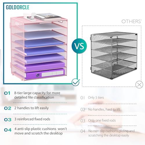 8 Tier Paper Letter Tray Organizer with Handles, Mesh Desk File Holder Storage Organization for Home School Classroom & Office (Pink) - color: Pink