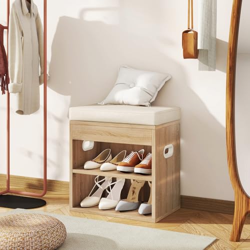 YMYNY Small Shoe Storage Bench with Cushion and Drawer, 2 Tier Adjustable Entryway Bench with Storage, Wooden Shoe Rack Bench for Entryway, Living Room, Hallway, Bedroom, Light Natural, HSC002R - color: Light Natural