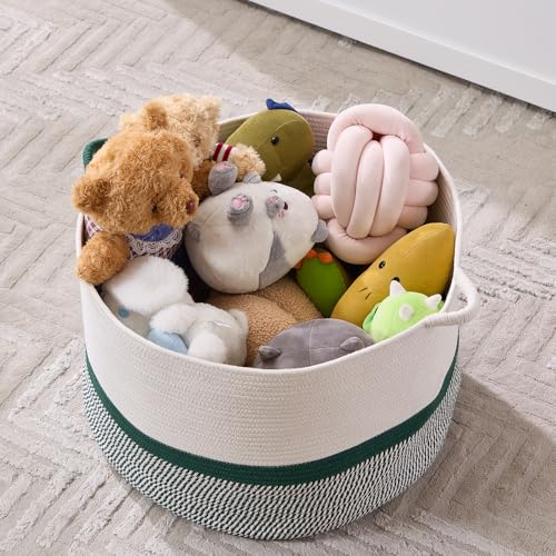 Luxury Little Extra Large Nursery Storage Basket, 20 x 20 x 13.8 inches - 100% Cotton Rope Baskets with Handles, Blanket Basket for Toys, Blankets & Pillows (Green) - color: Green