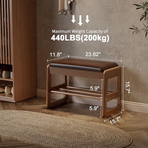 AQIMUELE Shoe Rack Bench,2 Tiers Shoe Bench with Storage with Flip-Top,Wood Shoe Rack for Entryway,Hallway（Dark Walnut Upholstered Seat,11.8" D x 23.62" W x 15.7" H） - color: Dark Walnut Upholstered Seat, size: 11.8"D x 23.62"W x 15.7"H