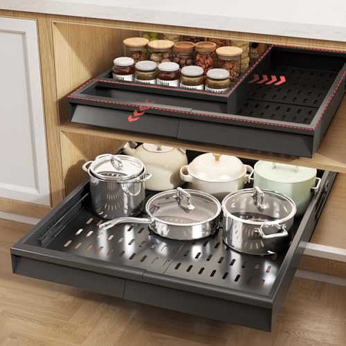 Seinloes 2 Pack Pull Out Cabinet Organizer With Raising Pad for Framed Cabinets,Expandable Width (13"-21") and Depth (17"-24"),3 Slide Rails Slide Out Drawers with Handle,No-Drill Roll Out Shelf,Black - color: Black, size: 13"-21"W x 17"-24"D(2Pack)
