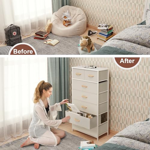 Crestlive Products Vertical Dresser Storage Tower - Sturdy Steel Frame, Wood Top, Easy Pull Fabric Bins, Wood Handles - Organizer Unit for Bedroom, Hallway, Entryway, Closets - 7 Drawers (Beige) - color: Beige, style: 7 Drawers