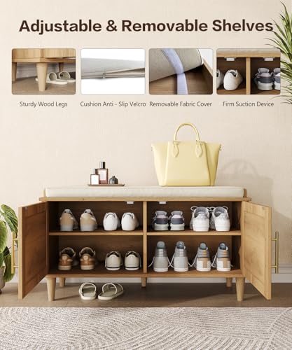 Akxomel Rattan Shoe Storage Bench with Cushion, 2-Tier Entryway Bench with Adjustable Shelves and 2 Doors, 15" D x 31.5" W x 20" H, Solid Wood Legs, for Hallway, Living Room, Bedroom, Natural Oak - size: 15"D x 31.5"W x 20"H