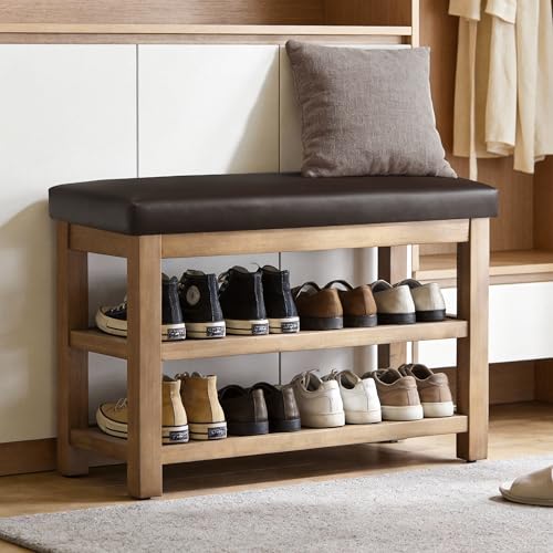 Zihanhome Shoe Rack Bench with Leather Cushion, 2 Tier Solid Wood Storage Bench, Mid-Century Modern Shoe Bench for Entryway, Hallway, Closet, Front Door Entrance, Foyer (Dark Brown, 31.5) - color: Dark Brown, size: 31.5"