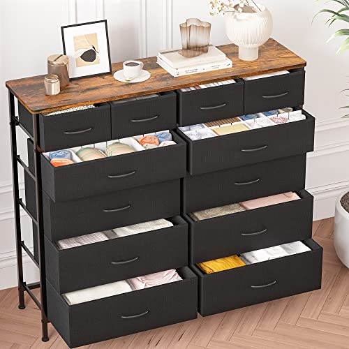 VASICAR Large Dresser for Bedroom with 12 Deep Drawers, Tall Fabric Drawer Dresser, Chest of Drawers for Closet, Nursery, Living Room, Laundry, Entryway, Hallway (Black) - color: Black