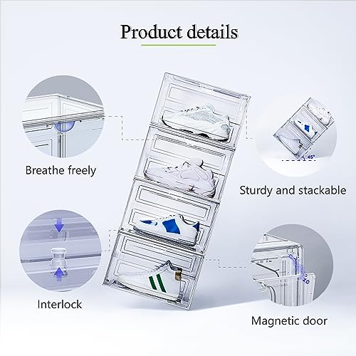 XL Shoe Storage Box,8 Pack Drop Side Shoe Boxes Clear Plastic Stackable,Sneaker Display Case with Magnetic Door Fit up to US 13（13.4”x 10.6”x 8.3”(8 Pack Clear) - color: XL 8 CLEAR