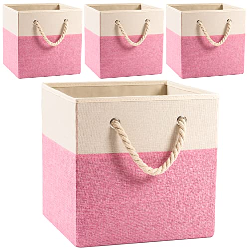 PRANDOM Large Foldable Cube Storage Bins 11x11 inch [4-Pack] Fabric Linen Storage Baskets Cubes Drawer with Cotton Handles Organizer for Shelves Nursery Closet Bedroom Pink - color: Pink, size: 11x11 inch(4-Pack)