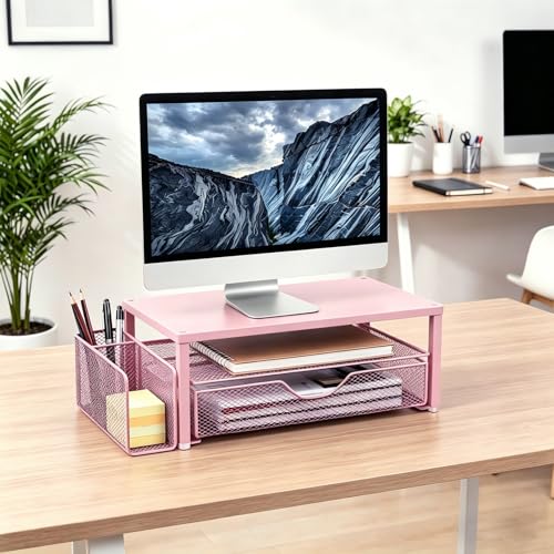 Spacrea Desk Organizer and Accessories, Computer Monitor Stand Riser with Drawer and 1 Open Pen Holder, Printer & Laptop Stand, Office Desk Accessories for Home Office Supplies (Pink) - color: Pink - Metal Drawer
