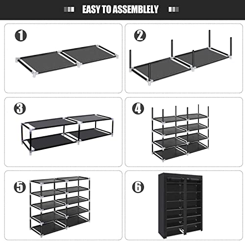 ERONE Shoe Rack Storage Organize, 28 Pairs Portable Double Row with Nonwoven Fabric Cover Shoe Shelf Cabinet for Closet - color: Black