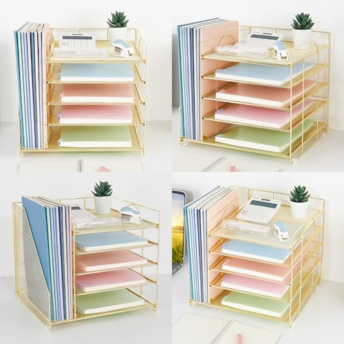 LEKETREE Desk Organizers and Accessories, 5-Tier Paper Letter Tray Organizer with File Holder, Desktop Organizer for Office Supplies (Gold) - color: Gold, size: 12" x 12" x 12"