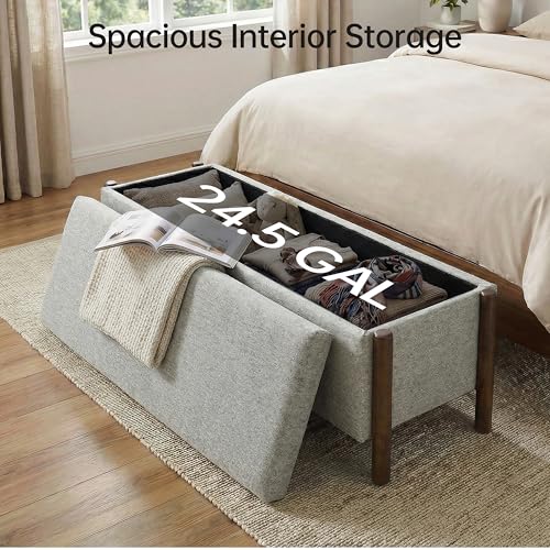 Usaint Wooden Storage Ottoman Bench, 47" Fabric Upholstered End of Storage Bench with Rubberwood Legs, Entryway Bench with Storage for Bedroom, Living Room, Reception, Cloakroom, Grey - color: Grey