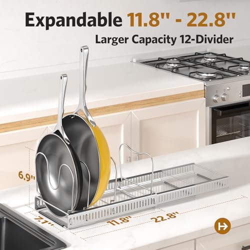ORDORA Pots and Pans Organizer under Cabinet with Pan Holder: Expandable 11.8"-22.8" Kitchen Cabinet Organizer Rack, 12 Adjustable Dividers Storage for Cookie Sheets, Cutting Boards & Lid, Silver - color: Silver, size: 12 Dividers