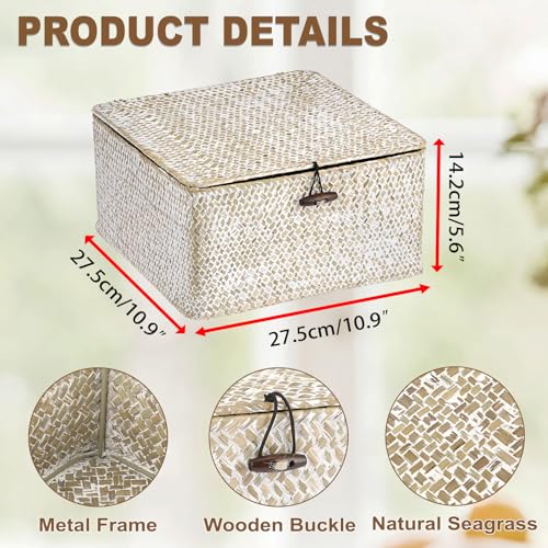 Hipiwe Wicker Shelf Basket Bin Square Handwoven Seagrass Storage Basket with Lid Home Organize Box for Bookshelf Living Room Bath Room Multipurpose Basket Container, Whitewash Large - color: Whitewash color, size: Large