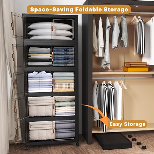 UAMFURI Extra Large Stackable Storage Bins with Lids & Wheels, 600QT-120QT/30GAL*5Pack Foldable Collapsible Closet Organizers Storage Cabinet with Doors for Bedroom Dorm - color: Black, size: 5PACK-25"W16"D72"H