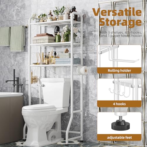 Simple Trending Over The Toilet Storage Rack, Metal 3 Tier Bathroom Organizer Shelf with Paper Holder and 3 Hooks, Freestanding Shelf Space Saver Above Toilet, White - style: 3 Tier White