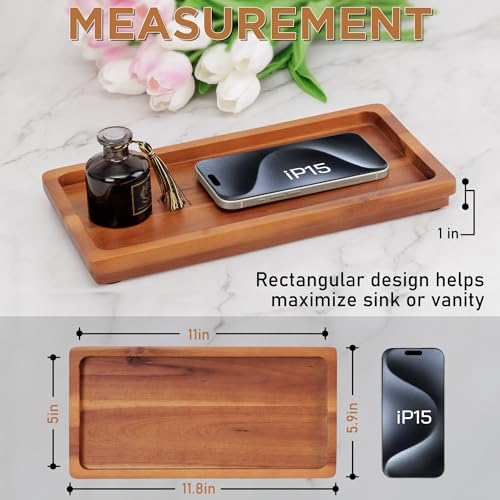 Bathroom Vanity Tray 11.8 x 5.9 inches of Natural Acacia Wood - Elegant Organizer for Cosmetics, Jewelry, Perfume, Candle, Key - Premium Wood Tray for Bathroom, Kitchen, Countertop, Toilet Tank, Sink - color: Acacia