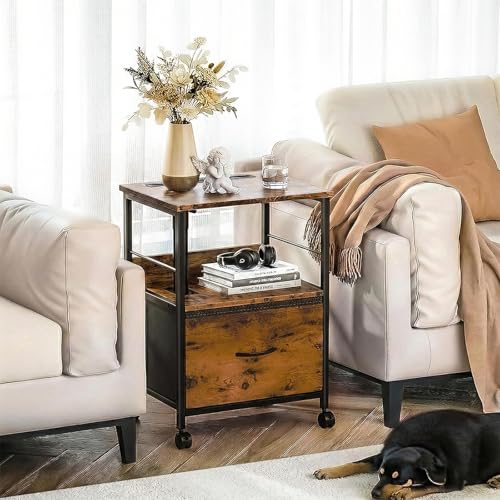 Faesun Swivel Lift Top Nightstand, Rolling Side Table for Recliner, Bedside Table with Wheels & a Fabric Drawer, for Small Spaces, for Bedroom, Living Room, Brown - color: Brown, size: 1 Drawer (No Charger)