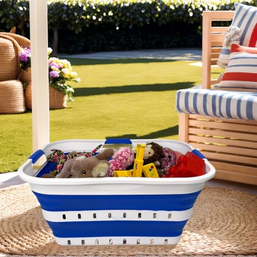 SAMMART 42L (11 gallon) Collapsible Plastic Laundry Basket - Foldable Pop Up Storage Container/Organizer - Space Saving Hamper/Basket (1, White/Dark Blue) - color: White/Dark Blue