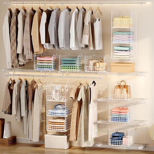 Sonyabecca 3-Tier Hanging Closet Organizer with 5 S Hooks, Closet Shelves for Clothes, Shoes, Handbags, Accessories, Hanging Basket, Closet Storage, Closet System, Closet Organizers and Storage - color: White, size: Large